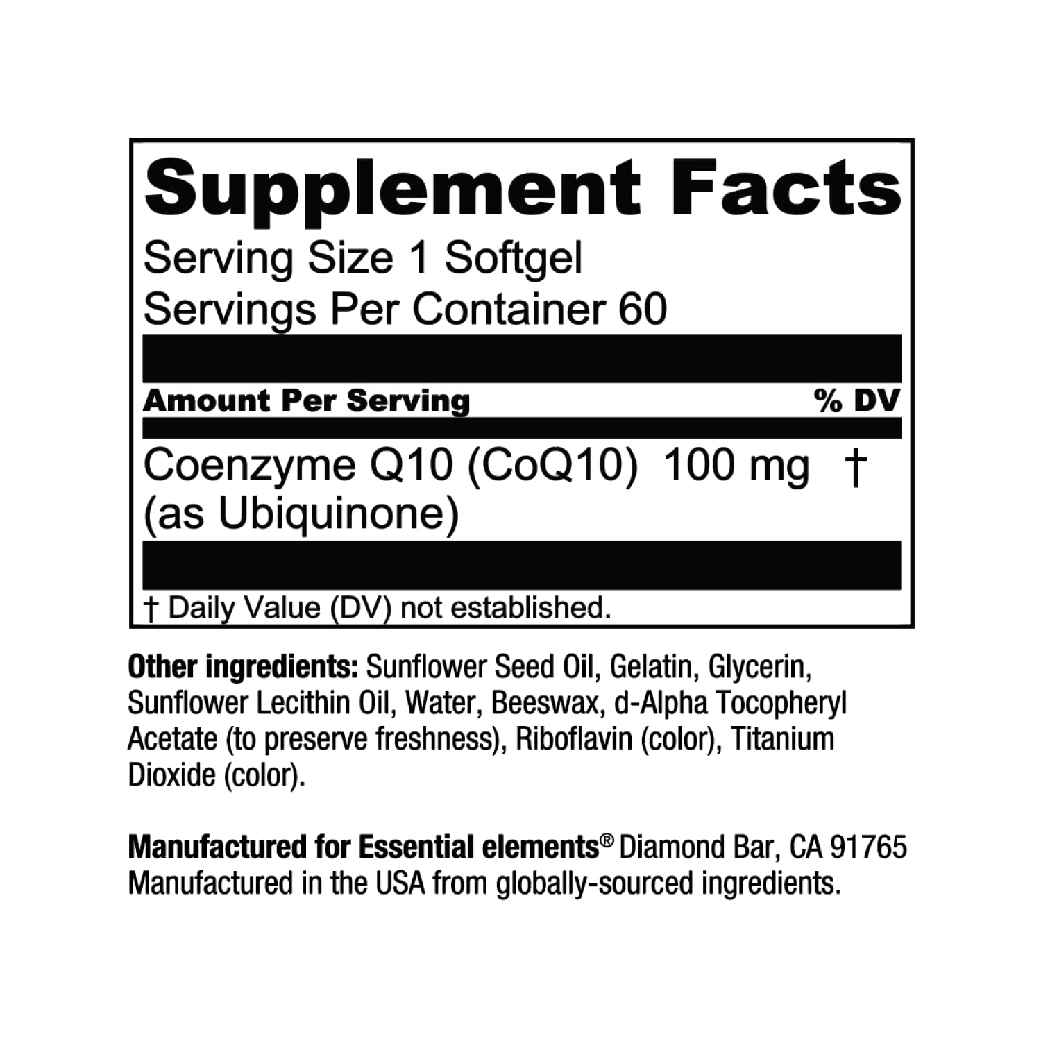 Essential Elements CoQ10 100mg Softgels for Heart, Brain, and Vascular Support - Comprehensive Coenzyme Q10 Supplement Formulated for Optimal Absorption - 60 Count, 2 Month Supply