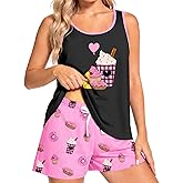 ArthomaHige Womens Pajamas Sets 2 Piece Soft Tank Top and Shorts Pj Set Summer Sleeveless Sleepwear Cute Cami Lounge Set S-XL