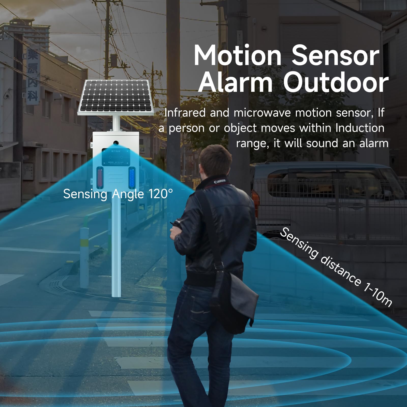 Solar Motion Sensor Alarm Siren Outdoor Waterproof Motion Detector Sirens with Red and Blue Strobe Light, 120dB Horn 17 Tones Adjustable Microwave Infrared Induction Alarm System SLA-TYN01