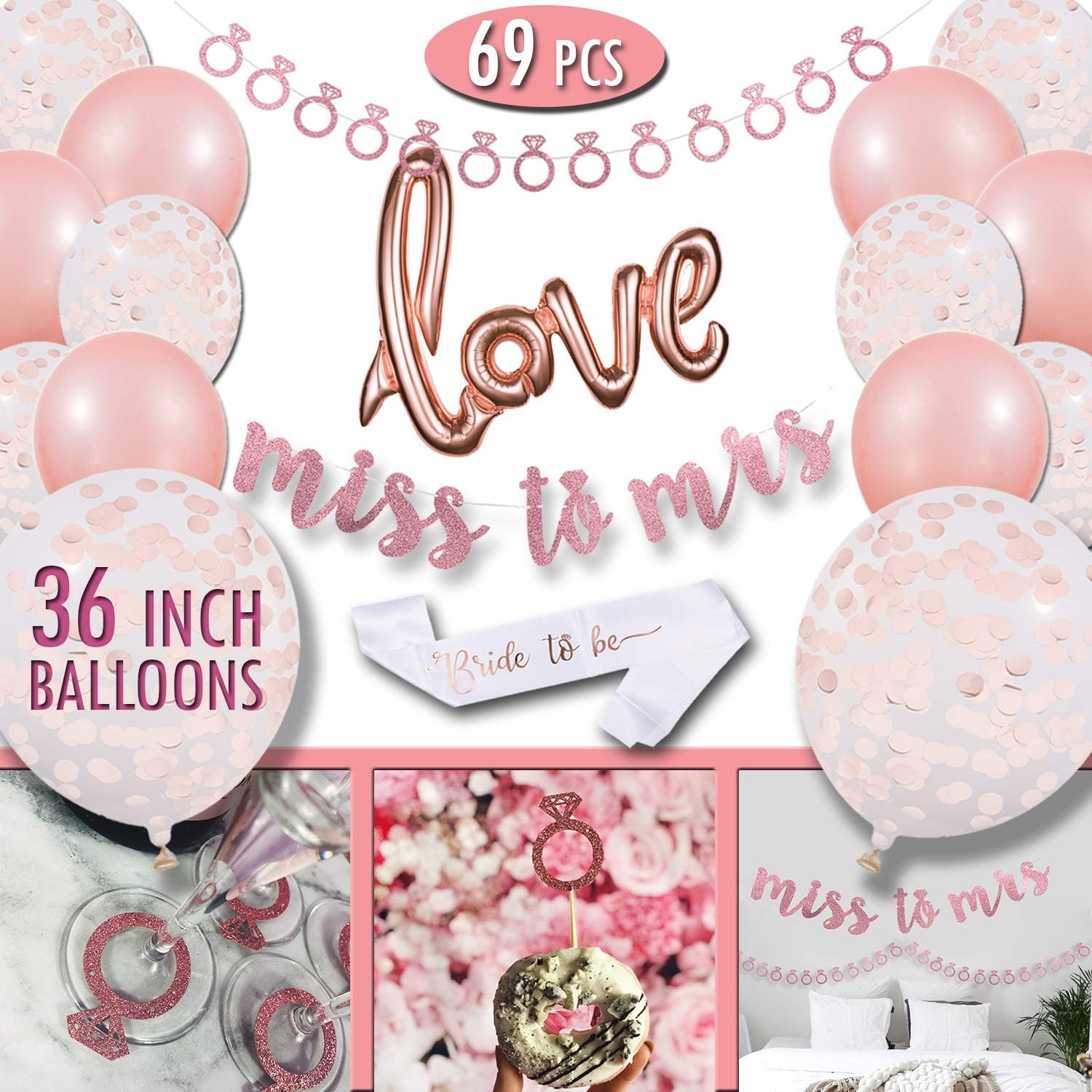 Bachelorette Party Decorations Supplies - Rose Gold Bridal Shower Set - Classy Bride to Be Sash - Pink Wall Banner Decoration - Miss to Mrs Decor - Rose Gold Confetti Balloons 36inch - Love Balloon