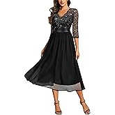 Miusol Women's Elegant V Neck Sequin Lace Sleeve Bridesmaid Party A-line Dress (Large, Black)