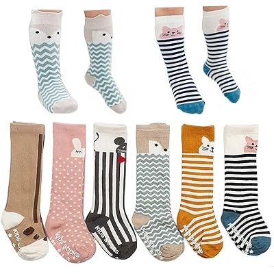 Gellwhu 6 pairs non skid toddler socks baby boy girl socks with grid cotton knee high socks