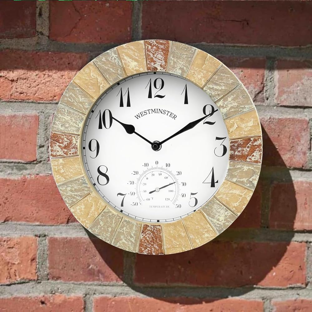 HomeZone 10" Garden Clock & Thermometer - Weather Resistant Quartz