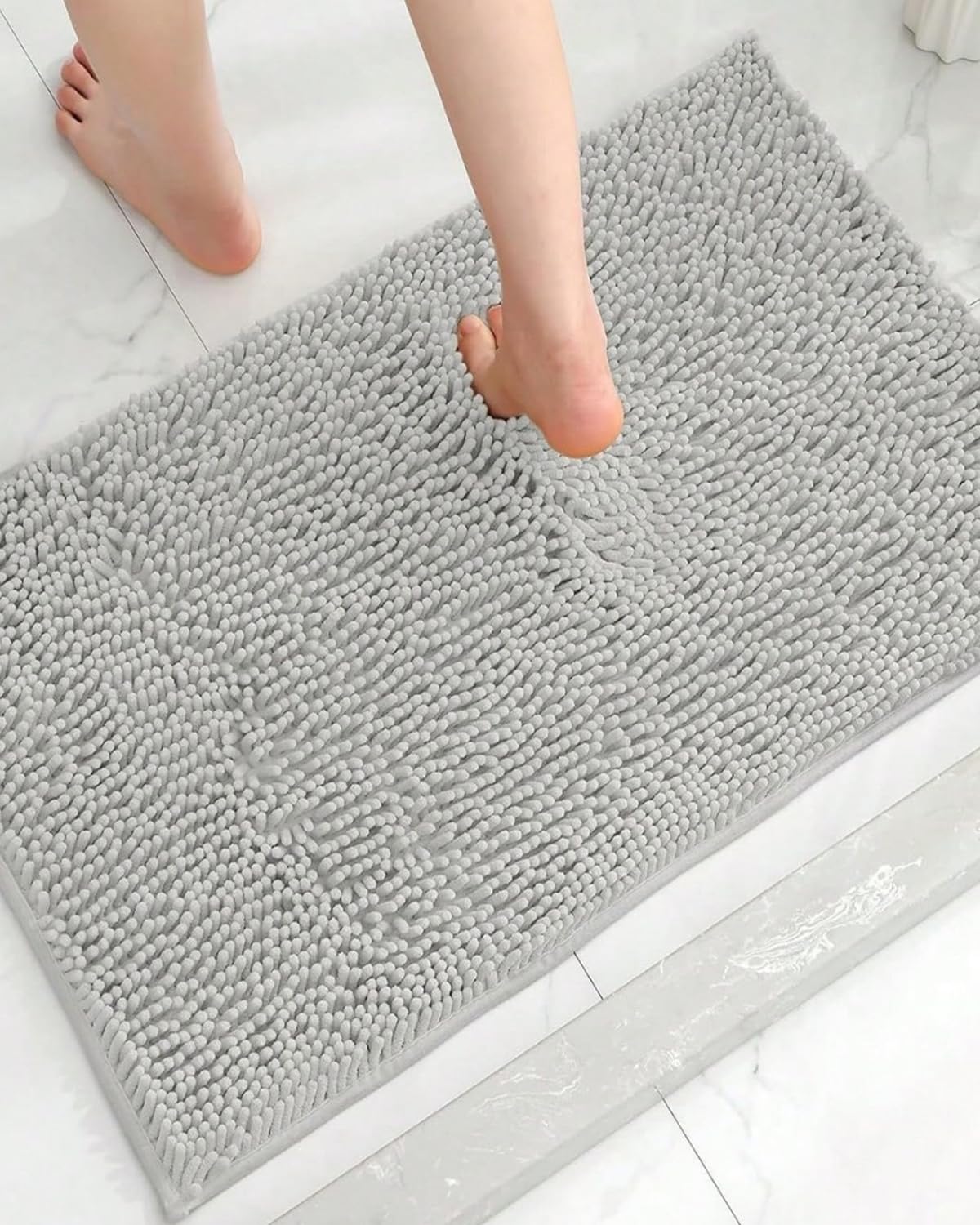 Photo 1 of Chenille Bath Mat, Ultra Soft Absorbent Floor Rug with Non-Slip Backing in Light Grey & Camel, Modern Chenille Shower Bathroom Floor Mat, 15 x 23in, Beige