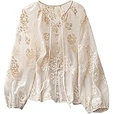 GORGLITTER Women's Boho Peasant Blouses Floral Embroidered Tops Summer Sheer Tie Front Flowy Long Sleeve Button Up Shirts