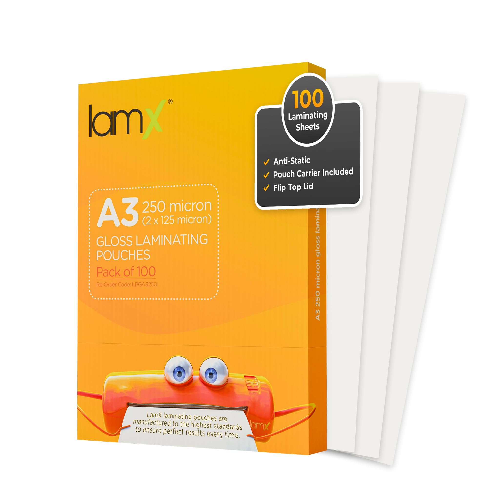 LamX A3 Laminating Pouches 250micron, High Gloss Finish Sheets, Anti-Static Formula Laminating Pouches A3, 250 Micron (125+125 Micron) Pack of 100 Laminating Sheets, Free Pouch Carrier Included