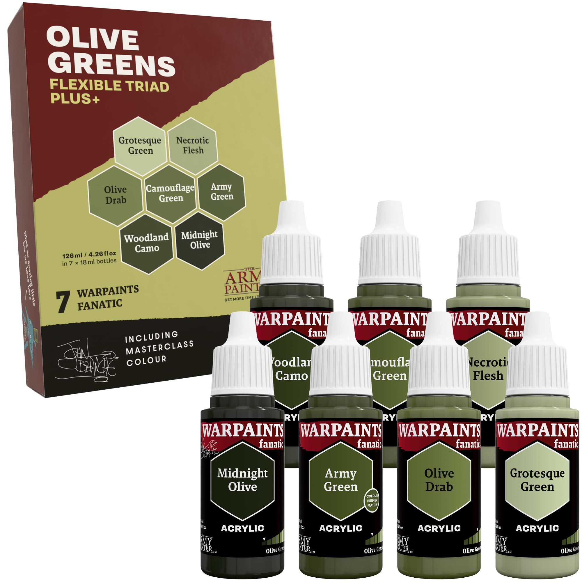 The Army Painter, Warpaints Flexible Triad PLUS+: Olive Greens, 7 x 18 ml acrylic paints - Miniature quality hobby paint for Dungeons and Dragons (DnD) & Warhammer Miniatures
