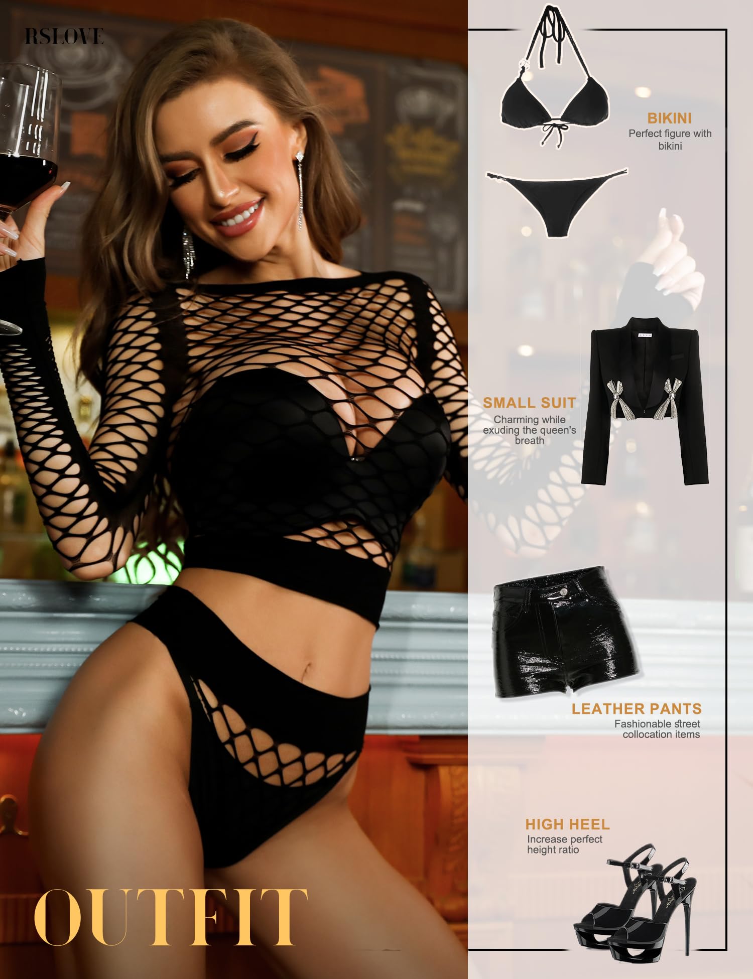 RSLOVE Women Sexy Mesh Lingerie Fishnet Babydoll Free Size Bodysuit See Through Shirts Long Sleeve