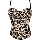 VEENDEO Women's Leopard Print Overbust Lace Corset Bustier Top Shapewear