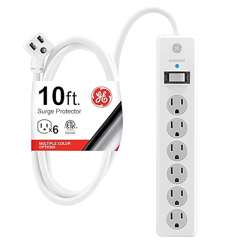 GE 6-Outlet Surge Protector, 10 Ft Extension Cord, Power Strip, 800 Joules, Flat Plug, Twist-to-Close Safety Covers, ETL Listed, White, 14092