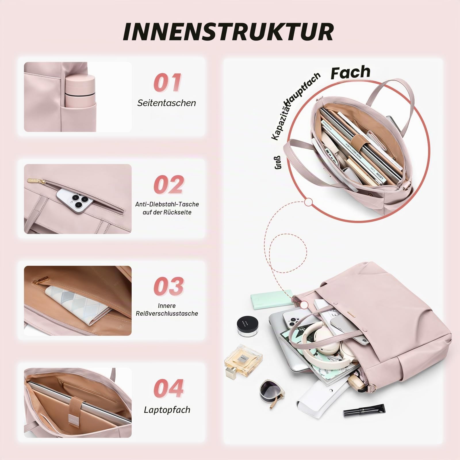 GOLF SUPAGS 15 Zoll Laptop Umhängetasche, Computer Tragetasche für Damen, Stilvolle Handtasche für Arbeit und Reisen (Rosa Grau) 4
