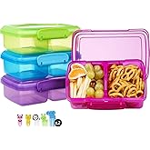 4 Pack Plastic Snack Containers with Lids, 2 Compartment Food Container for Kids Snack Box, Travel Bento Lunch Containers with forks for Fruits/Candies, Divided Food Storage Containers for School