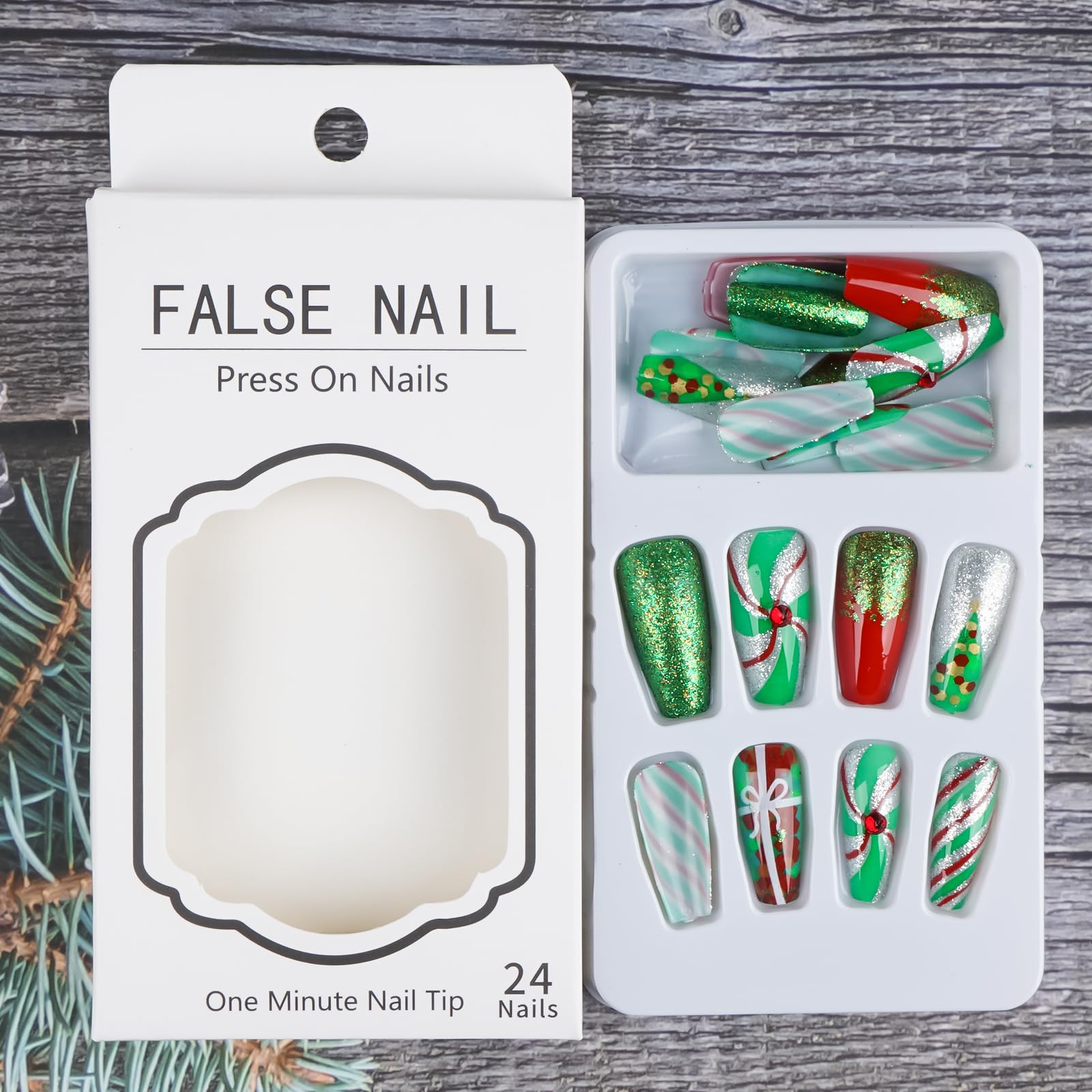 TULOBI Christmas Press on Nails Medium Coffin Fake Nails with Christmas Tree Designs Glitter Glue on Nails Xmas Design Green and Red Stripes Full Cover False Nails Artificial Acrylic Nails 24pcs - Image 4