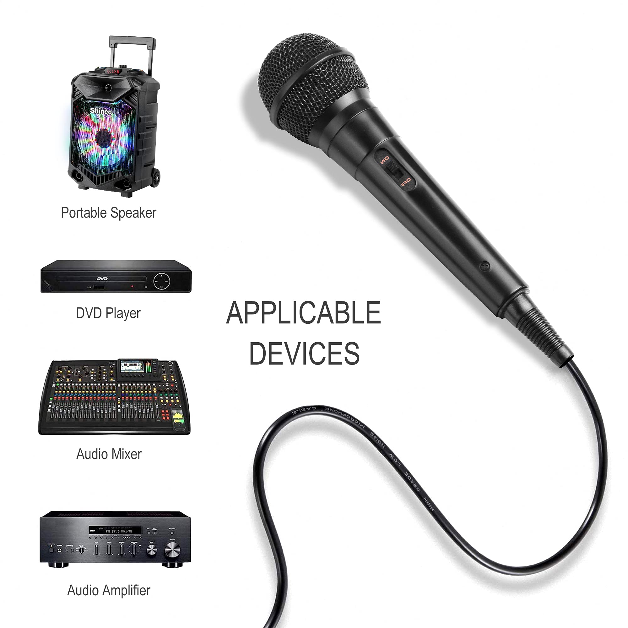 Shinco Handheld Mic, Cardioid Vocal Dynamic Microphone with 13ft Cable and ON/Off Switch, Plug-in Microphone for Karaoke Singing Machine, AMP, and Speaker