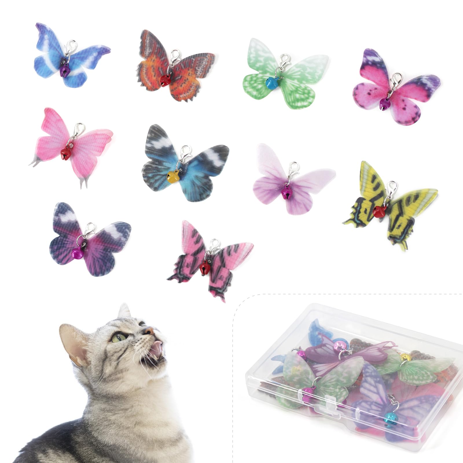 SONGWAY Cat Butterfly Toys Replacement - 10 Pcs Butterfly Cat Toy Refills, Teaser Wand Toy with Bell for Indoor Cats Kittens