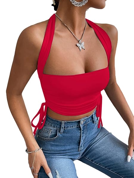 REMIDOO WOMEN’S SLEEVELESS HALTER CROP TOP TIE BACK DRAWSTRING SIDE CAMI TOPS RED SMALL