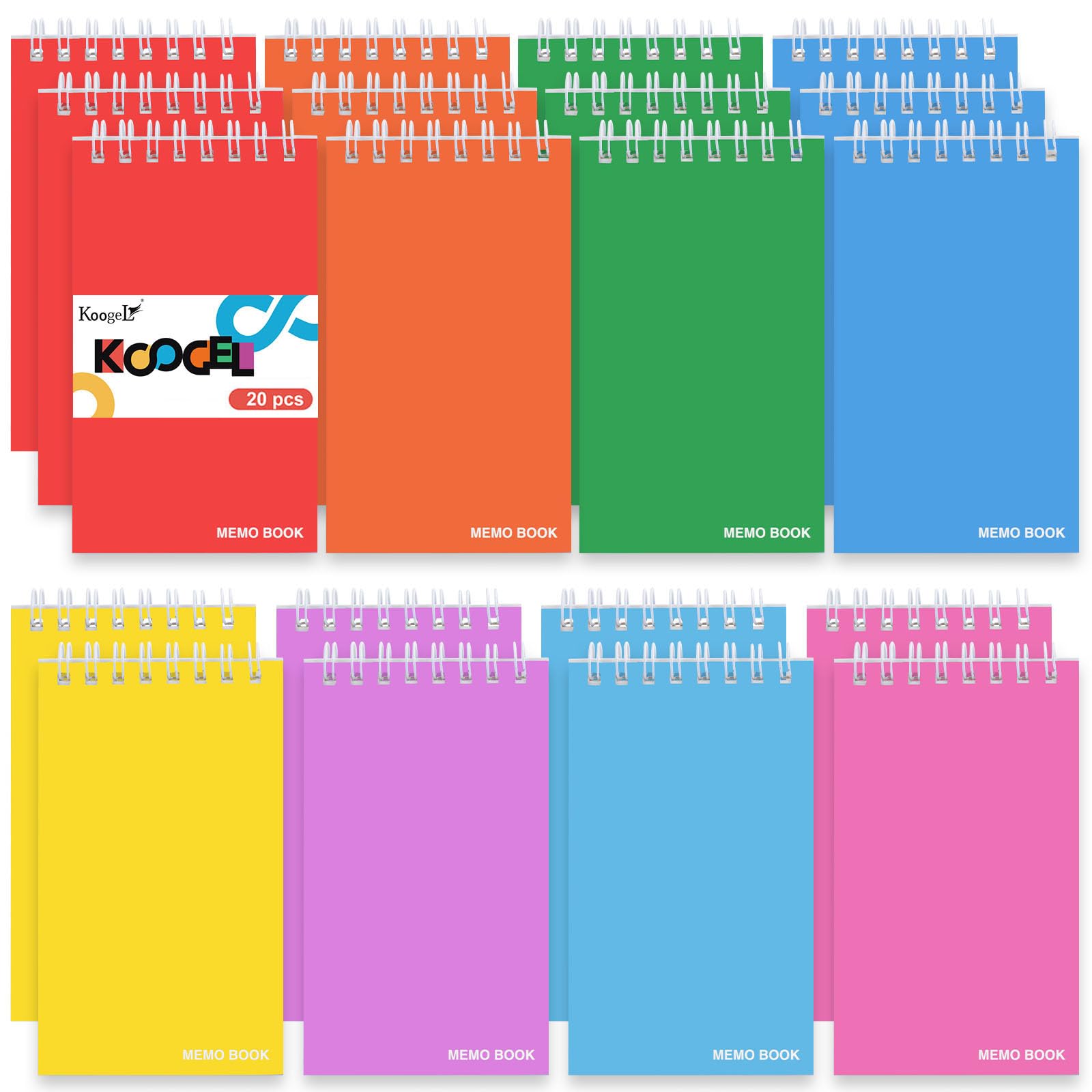 Koogel Small Pocket Notebook, 50 Sheets/20 Pads Spiral Memo Pads Ruled 7.6 x 12.7cm (3"x5") Lined Pocket Notepads with Durable Covers for Office School Memo Tactical Steno Notebooks