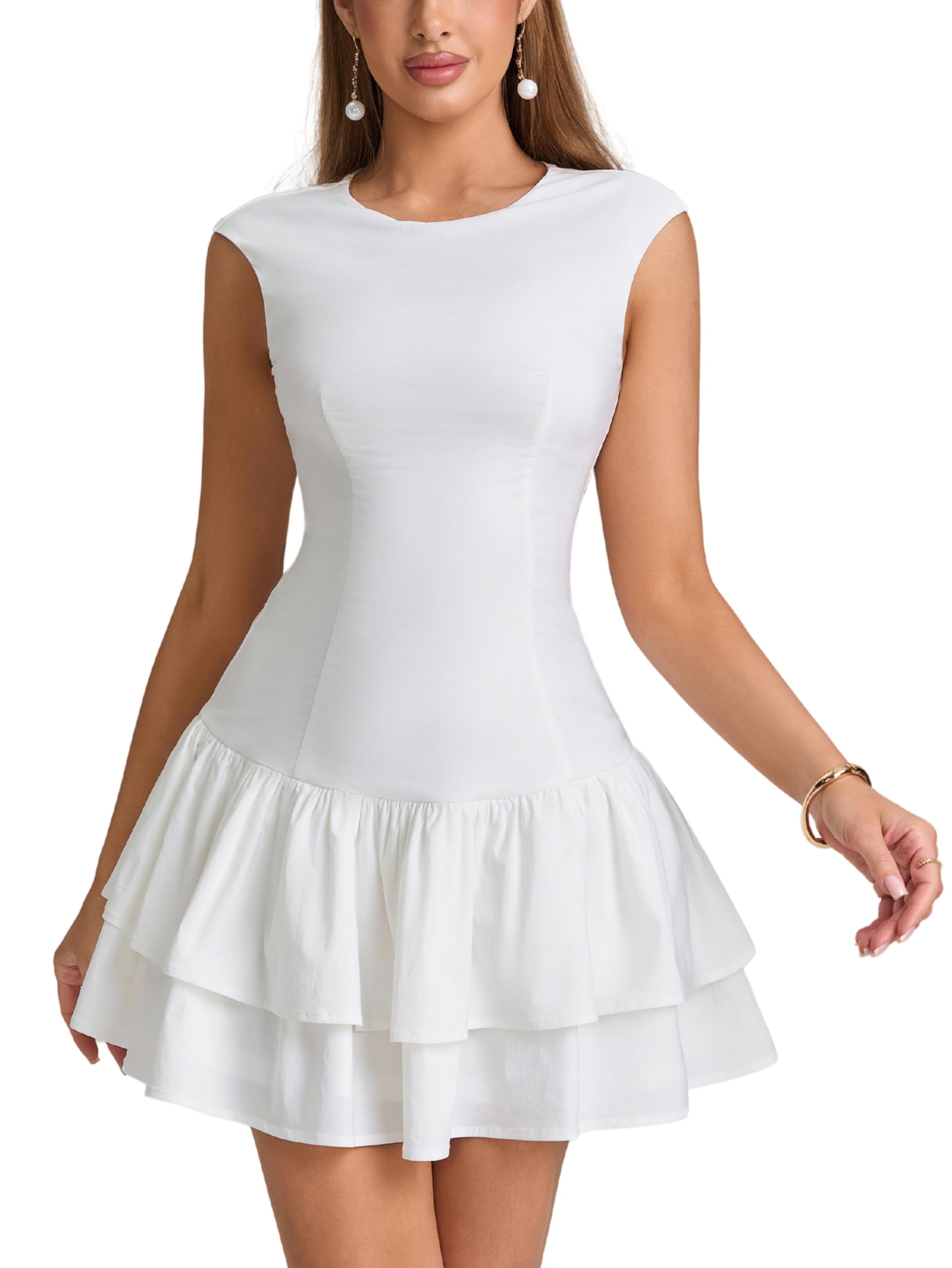 Photo 1 of *Minor Damaged - Check clerk notes*
Parthea Women's Summer Sleeveless Crewneck Mini Dress Ruffle Hem Party Club Graduation Bodycon Dresses White