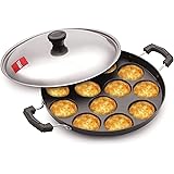 Aluminium 12 Cavity Appam Patra Paniyarakkal Two Side Handle with Steel lid & Wooden Picker, (23 cm, Black)