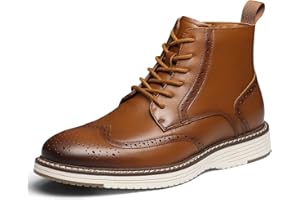Hantatop Mens Dress Boots, Genuine Leather Brogue Wingtip Mens Casual Oxford Boots with Side Zipper, Comfortable Formal Lace Up Chukka Ankle Boot for Men