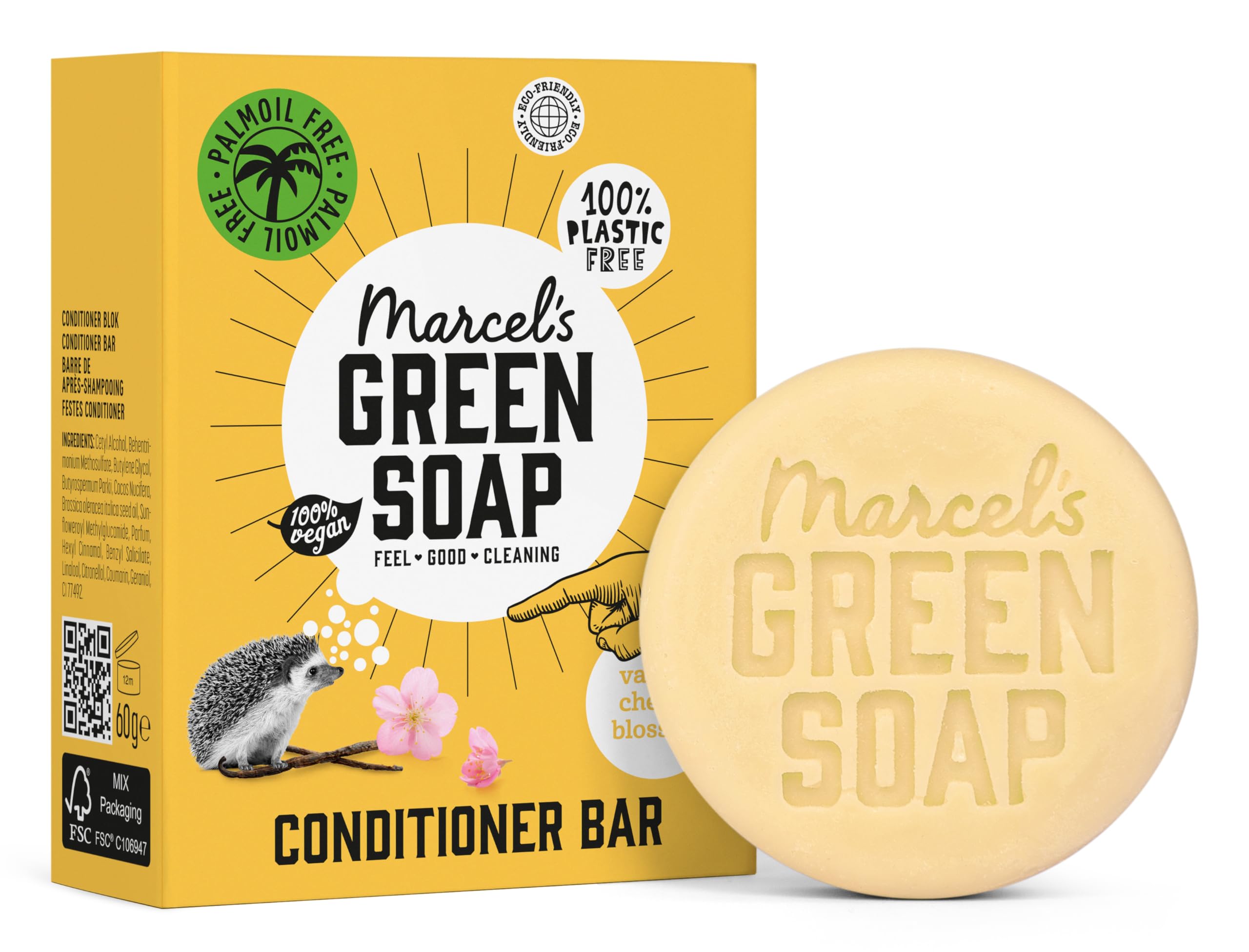 Marcel's Green Soap - Hair Conditioner Bar Vanilla & Cherry Blossom - Zero Plastic Packaging - Vegans, 60 grams