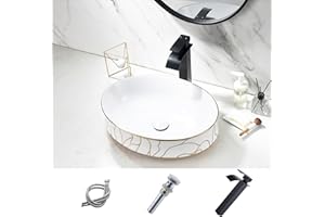 Oval Ceramic Vessel Sink with Faucet and Drain Combo - HLBLFY 19x15 Inch Marble Gold Pattern Vessel Sink Rectangle Above Counter Porcelain Ceramic Bathroom Vessel Sink Art Basin