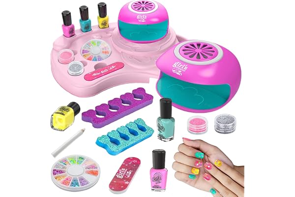 ZEAUBiM Nail Art Kit for Girls, Kids Nail Polish Play Set with Nail Dryer, Washable Make Up Sets for Girls, Nail Studio Decor