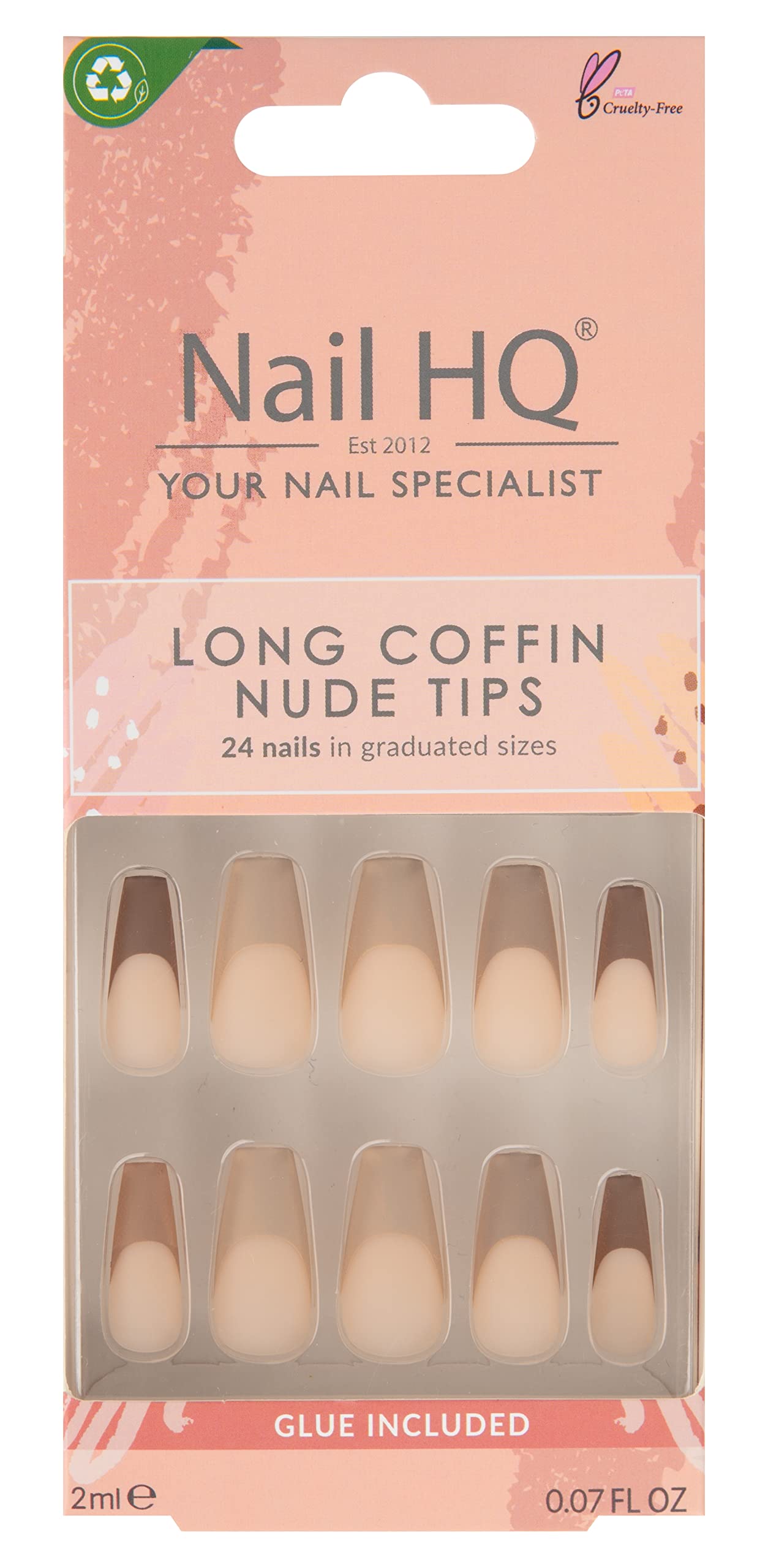 Nail HQ Press On Nails – Long Coffin Nude French Tip, 24 Durable Matte False Nails for Salon-Quality Manicure at Home