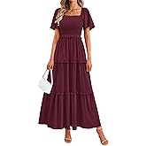PRETTYGARDEN Summer Dresses for Women 2026 Boho Swiss Dot Smocked Square Neck Short Sleeve Spring Wedding Guest Maxi Dress