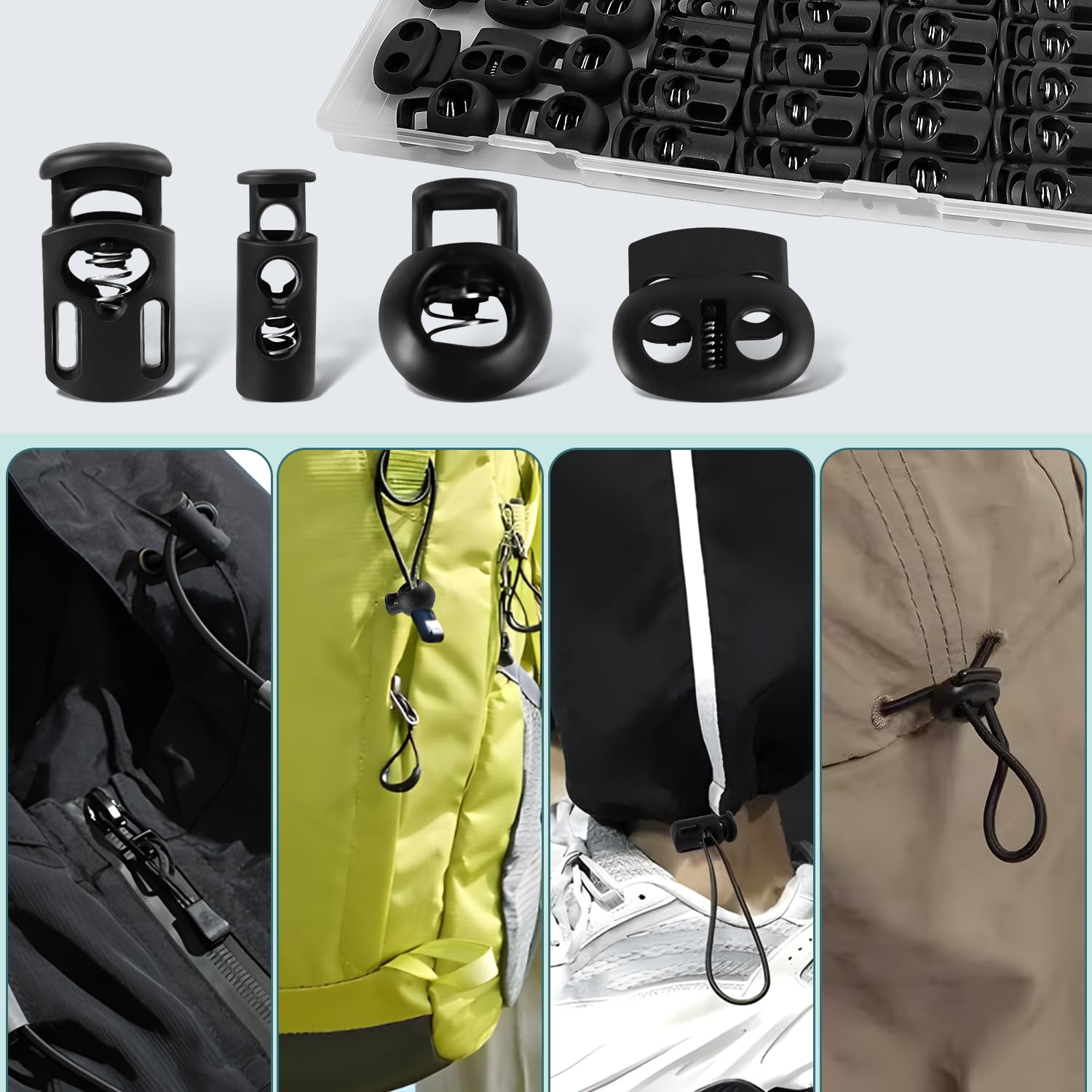 Quadafy 60 Pack 4 Sizes Plastic Cord Lock, Spring Toggle Stopper With, Draw String Clip, For Drawstrings, Shoelaces, Paracord, Hoodie Cord Clips, Sweatpants And More