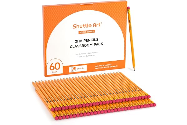 Shuttle Art 60 Pack Pencils, #2 HB, Pre-sharpened Pencils with Top Erasers, Premium Woodcased Yellow Pencil Bulk for Classroo
