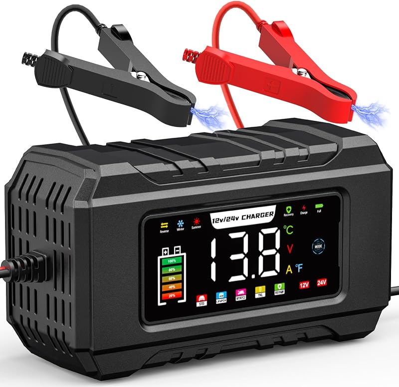 Husgw 15A Car Battery Charger 12V/24V Smart Maintainer with LCD Temp Comp