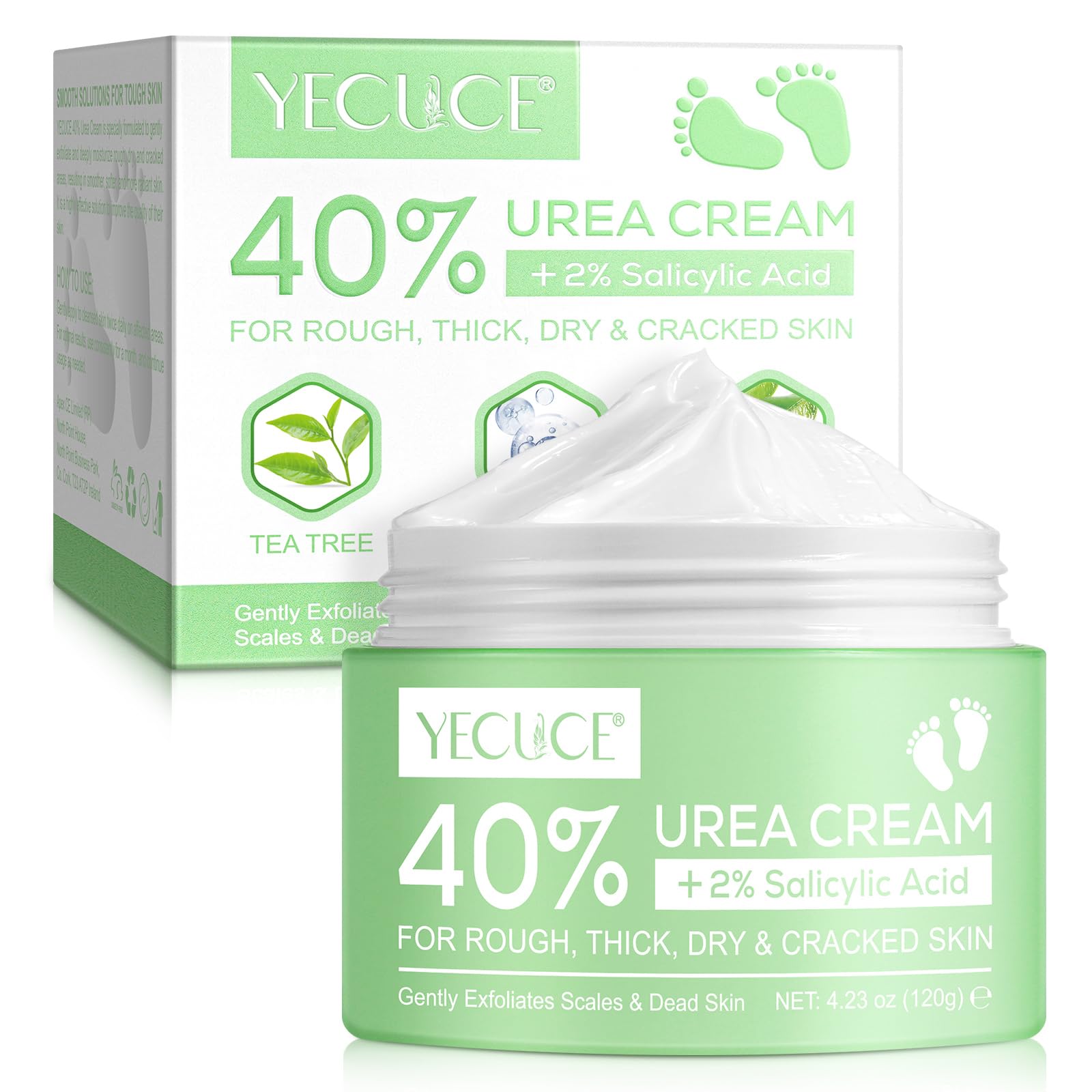 Urea Foot Cream, Urea Cream 40 Percent for feet,with Hyaluronic Acid, Tea Tree and Aloe Vera,Heel Balm For Callous Removal and Soften, For dry, Cracked Feet, Heels and Hands (120g)