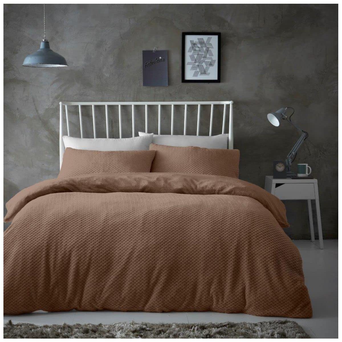 Gaveno Cavailia Popcorn Double Duvet Set Mink, Honeycomb Waffle Weave Bedding, 3 Piece Teddy Flannel Fleece Reversible Bedlinen, Easy Care DuvetCover Bedset, 1 Quilt Cover and 2 Pillow Cases