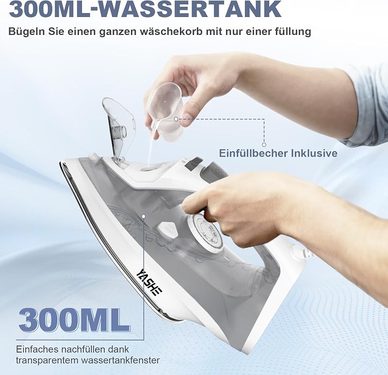 2300W Dampfbügeleisen mit Schnell Aufheizender Antihaft Bügelsohle, 300ml Wassertank, Konstante Dampfleistung 25 g/min, Dampfstoß 150 g/min, Selbstreinigung, Anti-Kalk & Tropf-Stopp-Funktion