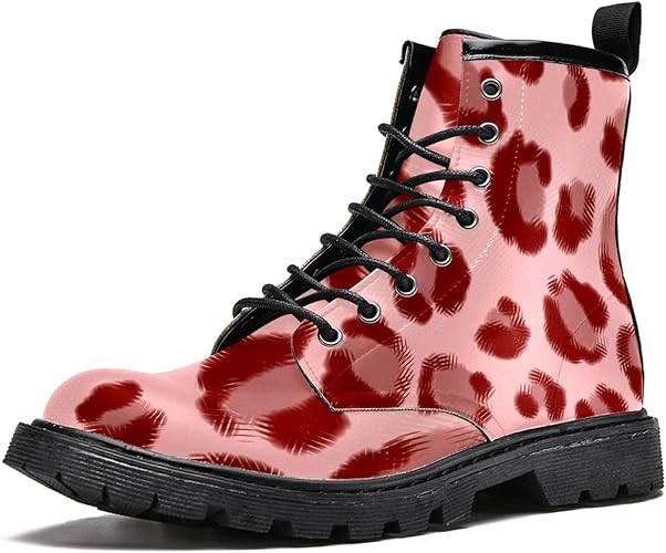 Pink leopard print Waterproof Shoes Flat Lace Up Ankle Booties Low Heel
