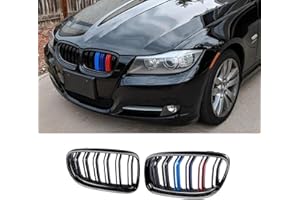 BLWGROW Front Grille Compatible with 2009-2011 BMW 3 series E90 323i 328i 328xi 335d 335i 335xi Sedan LCI，E91 328i 328xi Touring LCI,Double Slats Gloss Black With M Color