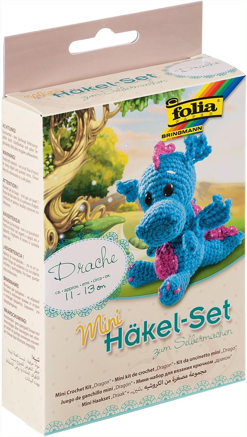 folia 23911 - Mini Häkelset Drache, Komplettset zur Erstellung von einem selbst gehäkelten niedlichen Drachen, ca. 11 - 13 cm groß, für Kinder ab 8 Jahren und Erwachsene, als Geschenk