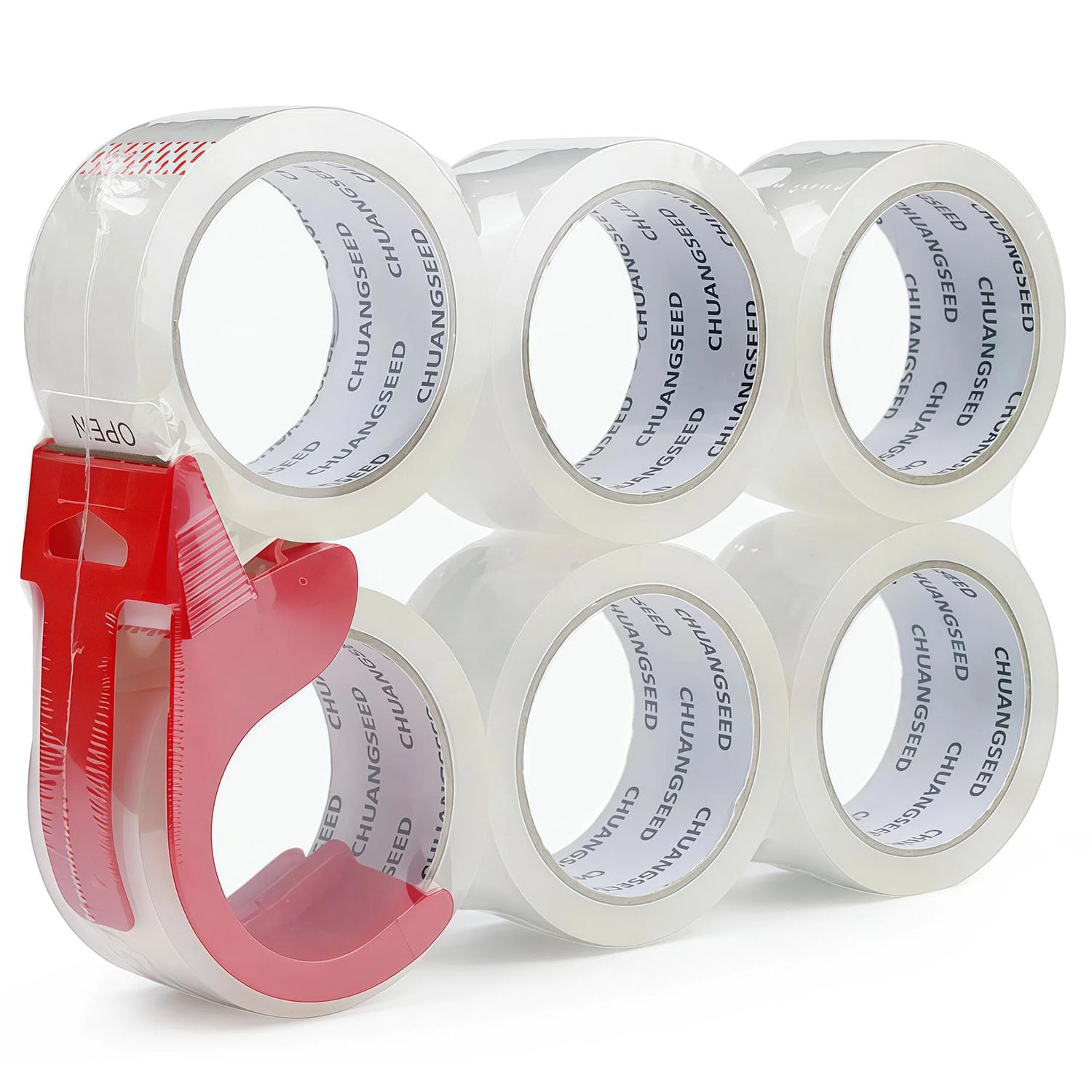 CHUANGSEED Clear Packing Tape 6 Rolls 45mic x 48mm x 66m with 1 Dispenser Sealing Tape No Bubble Clear Tape for Moving, Parcels, Shipping