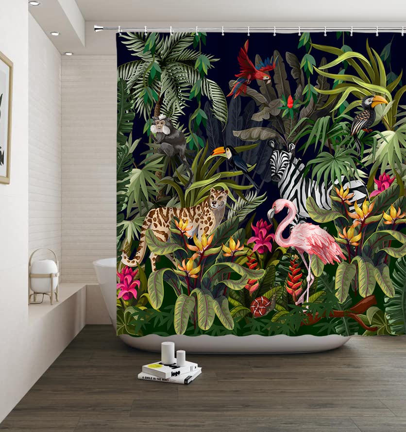 Rainforest Animal Shower Curtain Tropical Jungle Forest Leopard Flamingo Zebra Parrot Monkey Toucan Palm Leaf Green Plant Wildlife Zoo Safari Bathroom Decor Fabric Curtains with Hooks