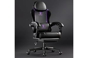 Dowinx Gaming Chair with Pocket Spring Cushion, Ergonomic Game Chair with Massage Lumbar Support and Footrest for Adults, High Back Leather Computer Chair for Office Gaming 300LBS, Purple