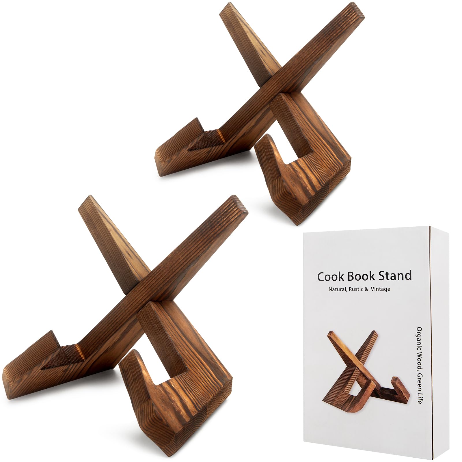 Country Rustic Cookbook Holder Pack of 2, Foldable Wooden Cookbook Stands with Gift Packing Boxes, Vintage Wooden Recipe Holder, Farmhouse Style Kitchen Cookbook Stand for CounterTop (2 in Brown)
