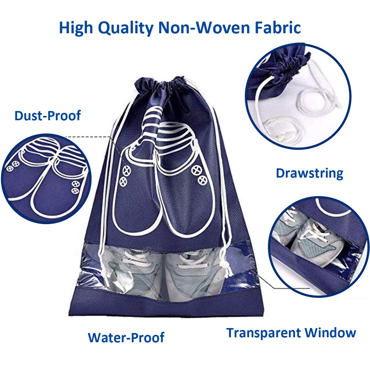10 Packs Portable Travel Shoe Organizer, AIRERA Large Storage Bag for Men Shoes Dust-proof Breathable Transparent Window for Boots, High Heel Drawstring, Space Saving Storage Bags (45*32CM, Navy Blue)