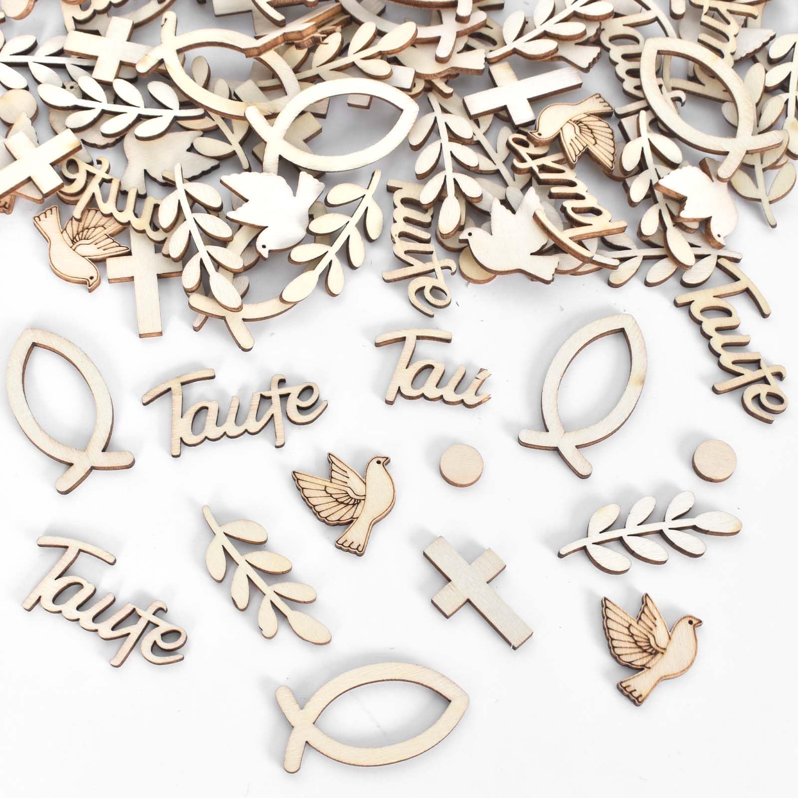 Homirty 100 Pcs Wooden Confetti Baptism, Cross, Fish, Point, Wooden Leaves, Baby Shower, Confirmation, First Communion