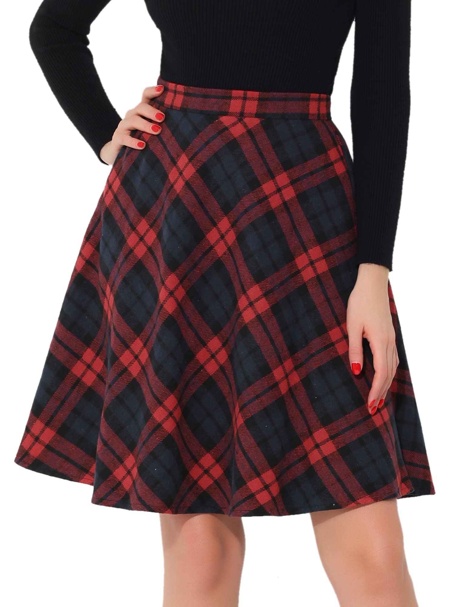 Photo 1 of Allegra K Women's Plaids Vintage Tartan Elastic Waist Knee Length A-Line Skirt Medium Red