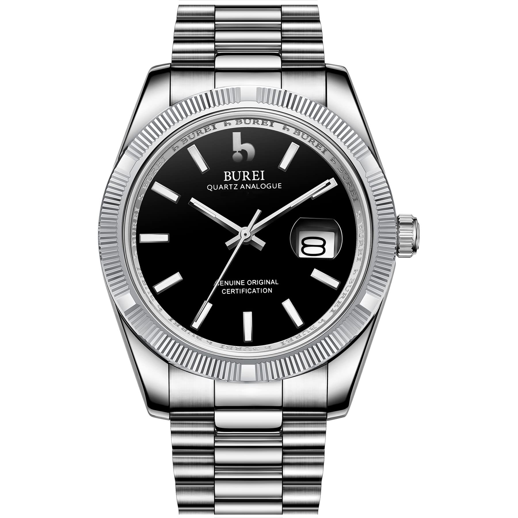 BUREI Men's Quartz Watch, Modern Analogue Dial with Date Window, Sapphire Glass, Stainless Steel Case and Strap, Green, Quartz Watch