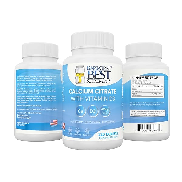 BARIATRIC CALCIUM CITRATE WITH VITAMIN D3-600MG CALCIUM PER SERVING, 120 TABLETS, ESSENTIAL FOR POST-BARIATRIC SURGERY, FORMULATED PER ASMBS GUIDELINES FOR BYPASS & SLEEVE PATIENTS