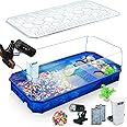 Binano Aquatic Turtle Tank Habitat Kit Stone+Filter+Heat Lamp Enhancing Interaction with 360° Viewing, Standalone Filtration, DIY Creative Zone, Enriched Living (Blue, X-Large[with Light])