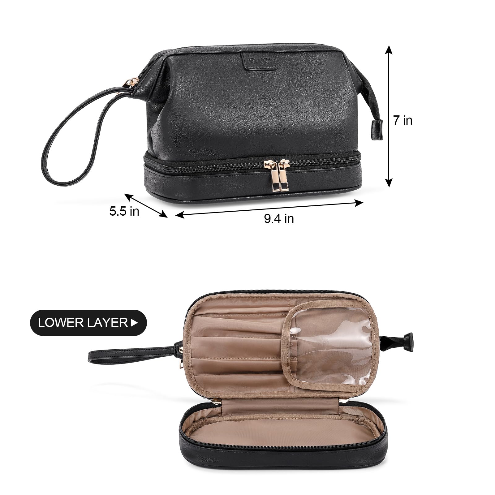 CLUCI Travel Makeup Bag, Double Layer Cosmetic Bag for Women, Large Capacity Makeup Organizer, Portable PU Leather Cosmetic Travel Bags,Water-resistant Traveling Toiletry Bag for Women and Girls