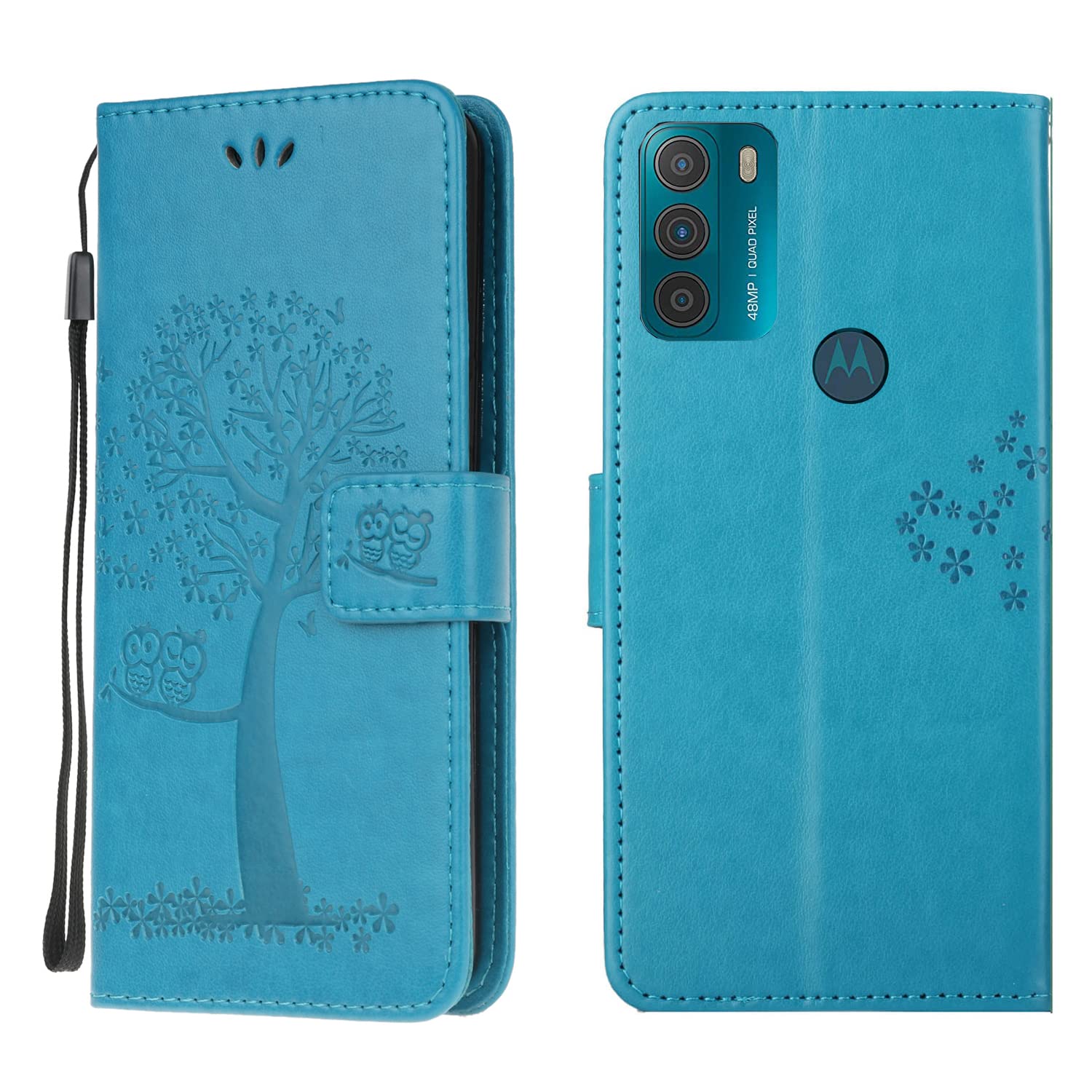 Motorola Moto G50 Phone Case Shockproof Soft PU Leather Folio Flip Wallet Protective Cover Owl Tree Embossed with Magnetic Closure Kickstand Card Holder TPU Bumper for Moto G50 Case, Blue